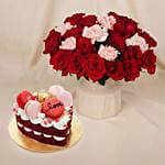 Roses and Carnations in Premium Vase with Cake For Vday