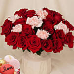 Roses and Carnations in Premium Vase with Cake For Vday