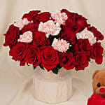 Roses and Carnations in Premium Vase with Teddy Bear