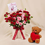 Spray Roses in Premium Ceramic Vase with Teddy Bear