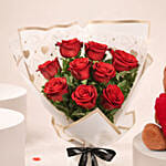 Valentine's 9 Roses N Teddy Bear Combo