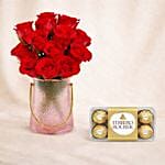 Valentines Roses Elegance Vase with Chocolates