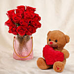 Valentines Roses Elegance Vase with Teddy