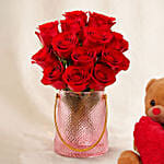 Valentine's Roses Elegance Vase with Teddy Bear