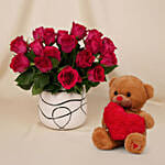 Romantic Dark Pink Roses for Valentine's Day and Teddy Bear