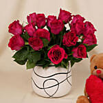 Romantic Dark Pink Roses for Valentine's Day and Teddy Bear