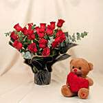 Beautiful Boquet Of 24 Red Roses With Teddy