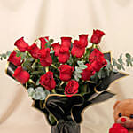 Beautiful Boquet Of 24 Red Roses With Teddy