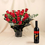 Beautiful Bouquet Of 24 Red Roses with Wine For Valentines