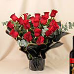Beautiful Bouquet Of 24 Red Roses with Wine For Valentine's Day
