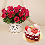 Romantic Dark Pink Roses for Valentine’s Day with Cake