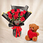 Valentine's 9 Roses N Teddy Bear Bundle