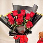 Valentine's 9 Roses N Teddy Bear Bundle