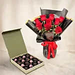Chocolate Hearts Box and Red Roses Bouquet