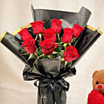 Valentine's 9 Roses N Teddy Bear Bundle