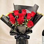 Valentine's Day 9 Roses Bouquet n Wine Combo