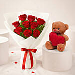 Love 9 Red Roses Bouquet and Teddy Gift