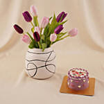 Tulip Flower Arrangement with Mini Heart Cake Gift Set