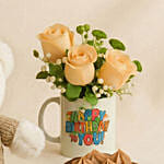 Birthday Floral Mug Arrangement with Teddy N Chocolate Cake