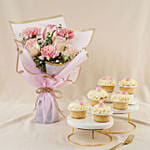 Flowers and Cupcakes Combo – Pink Blooms & Vanilla Treats