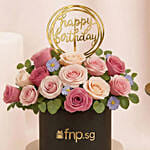 Birthday Flowers Box Arrangement and Chocolate Cake Bundle