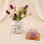 Tulip Flower Arrangement with Chocolate Heart Cake Gift Set