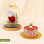 Red Forever Rose In Glass Dome With Mini Mousse Cake