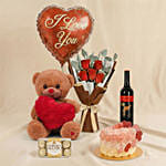 Adorable Love Gift Combo Arrangement with Cake and Wine