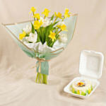 Daffodils N Tulips Birthday Flower Bouquet with Cake