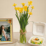 Daffodil Flowers Vase & Cake with Personalised Frame