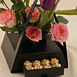 Premium Purple Tulips & Rose Hut Box with Chocolates