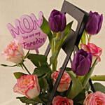 Premium Purple Tulips & Rose Hut Box with Chocolates
