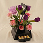 Premium Purple Tulips & Rose Hut Box with Chocolates