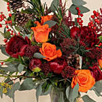Orange Roses And Red Peonies Vase Arrangement