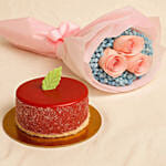 Lovely Pink Rose Baby Breath Bouquet With Mini Mousse Cake