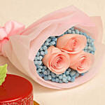 Lovely Pink Rose Baby Breath Bouquet With Mini Mousse Cake