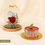 Red Forever Rose In Glass Dome With Mini Mousse Cake