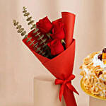 Fruit Cake With 3 Red Roses Bouquet
