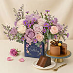 Birthday Roses Arrangement and Chocolate Cake