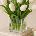 Peaceful White Tulips Square Glass Vase
