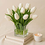 Peaceful White Tulips Square Glass Vase