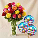 Vivid Roses Bunch With Birthday Balloon