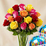 Vivid Roses Bunch With Birthday Balloon