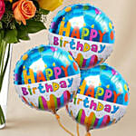 Vivid Roses Bunch With Birthday Balloon