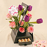 Premium Purple Tulip & Rose Hut Box with Chocolates & Cake