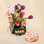 Premium Purple Tulip & Rose Hut Box with Chocolates & Cake