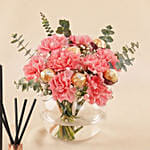 Pink Carnation chocolate Vase Arrangement with Diffuser