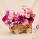 Flowers Arrangement in Wooden Cart with Peach Gum Bird Nest