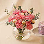 Pink Carnation Chocolate Vase Arrangement And Mini Cake