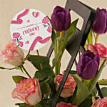 Premium Purple Tulips & Rose Hut Box with Chocolates for Mom